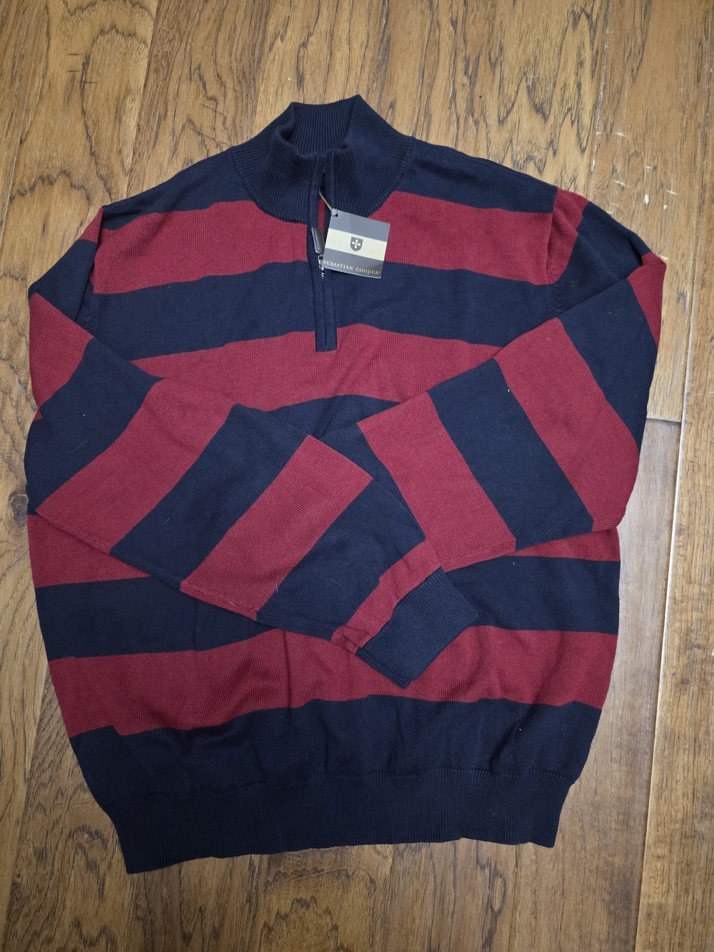 Men's Quarter-Zip Striped Sweater - Navy & Burgundy